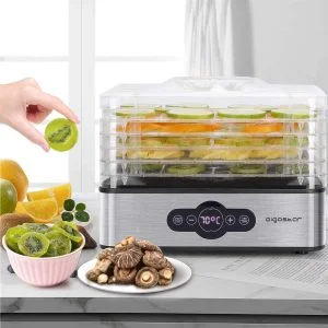 Aigostar Crispy - Deshidratador de alimentos, 240W, 5 bandejas, desecadora automática, deshidrata fruta, carne, verduras etc. controles digitales, ajuste manual de tiempo y temperatura, Libre de BPA, DESECADOR DE ALIMENTOS, DESECADORA DE ALIMENTOS.